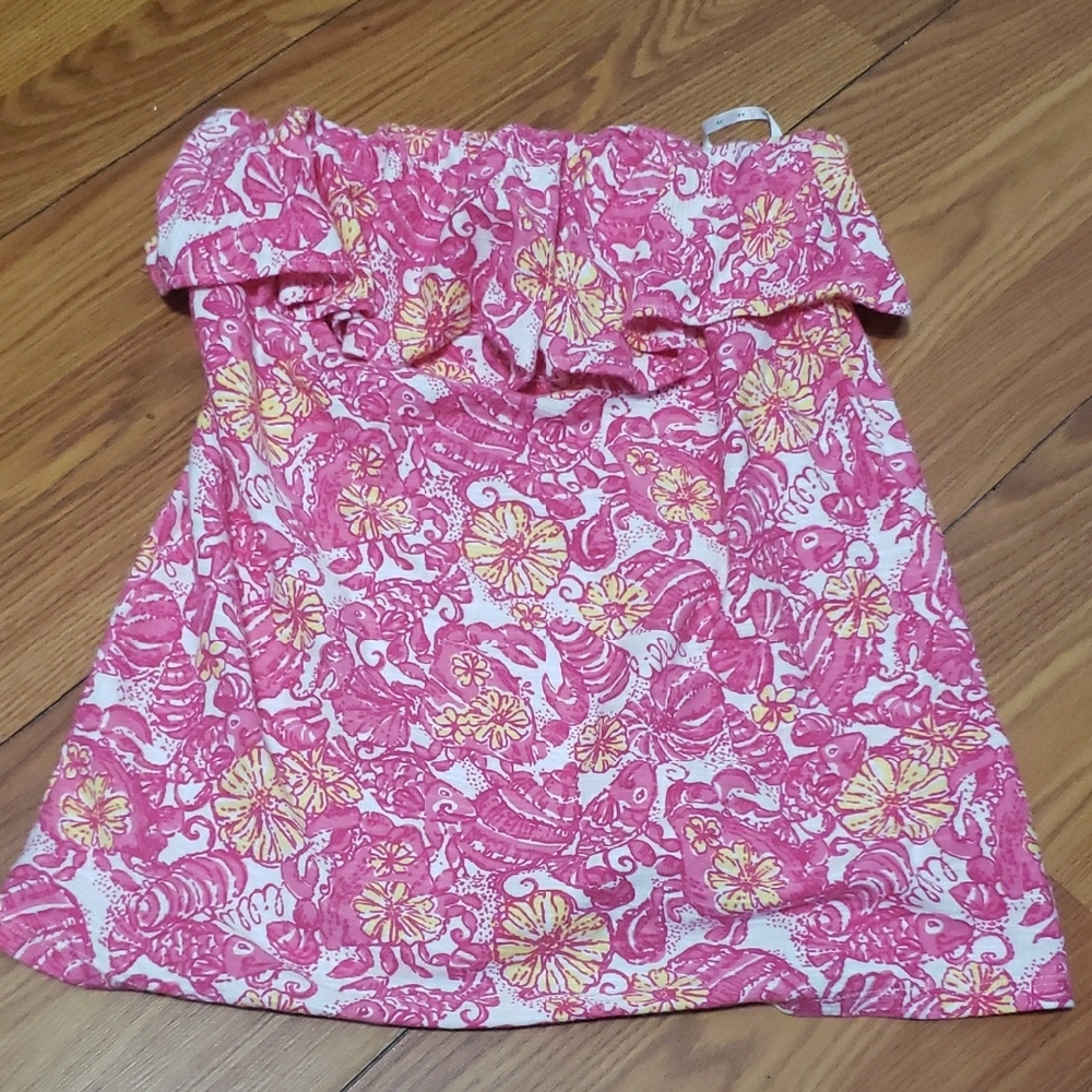 Lilly Pulitzer Pink and Yellow Floral Strapless Ruffle Top